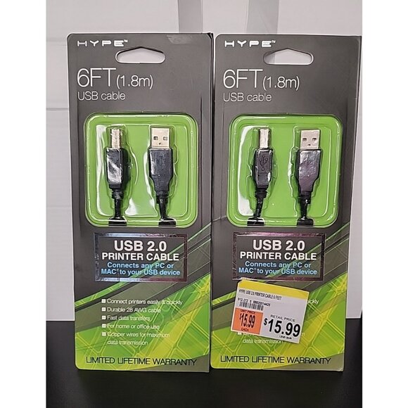 2 pack HYPE 6 ft USB 2.0 Printer Cable Connects PC or MAC A to B Male connector - Picture 1 of 4